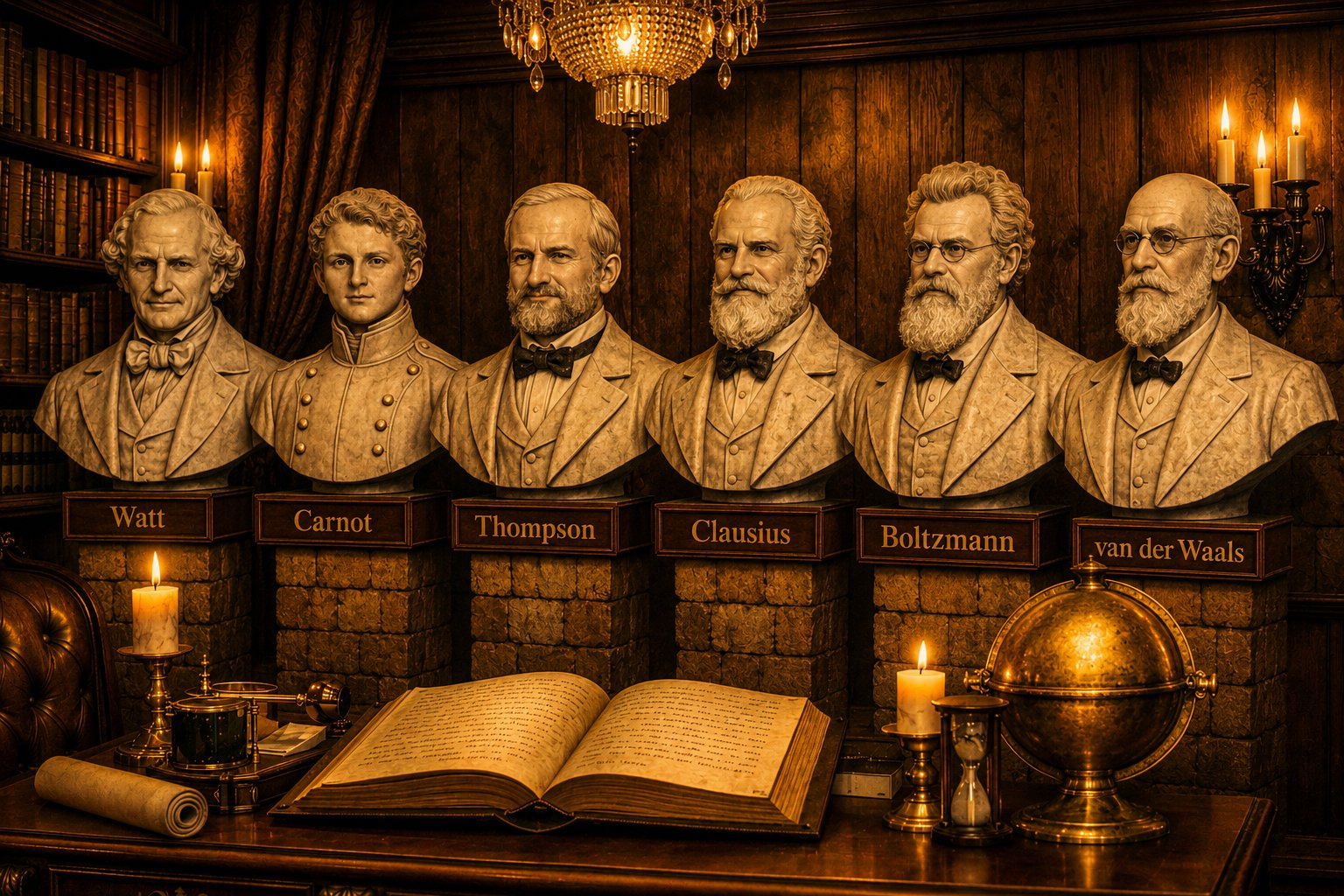 Historisches Arbeitszimmer mit aufgeschlagenem Buch auf einem Schreibtisch, davor ein Globus, dahinter sechs beschriftete Büsten: Watt, Carnot, Thompson, Clausius, Boltzmann, van der Waals.