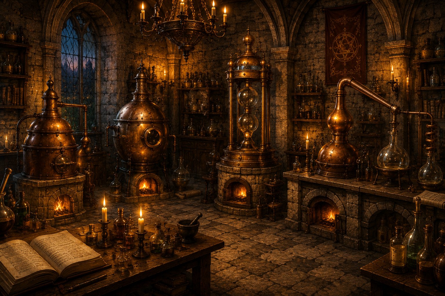 Alchemielabor mit kupfernen Destillierapparaten, brennenden Kaminen, einem Bücherregal und einem aufgeschlagenen Buch auf einem Tisch.