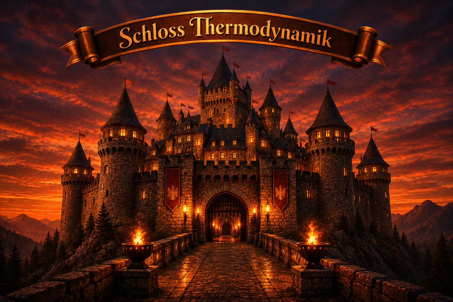 Schloss Thermodynamik bei Sonnenuntergang, beleuchteter Torweg mit Fackeln, darüber ein Banner mit der Aufschrift Schloss Thermodynamik.