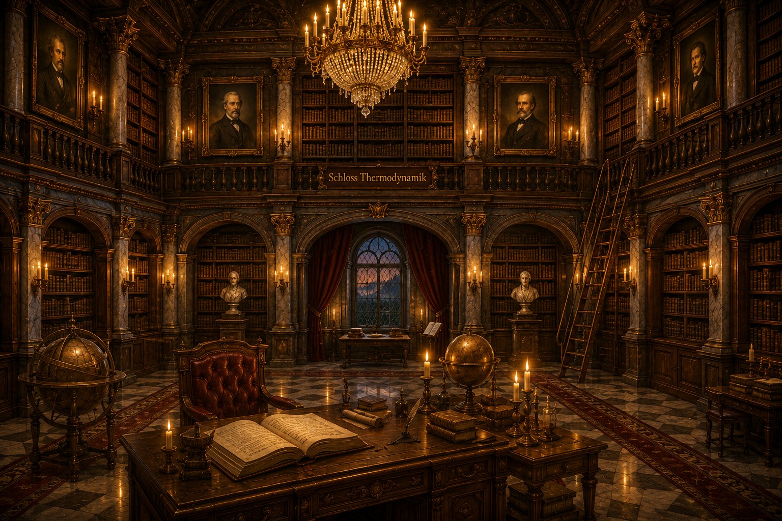 Prunkvolle Bibliothek mit Bücherregalen, Portraits, einem Schreibtisch mit aufgeschlagenem Buch, Globen und einer Leiter.